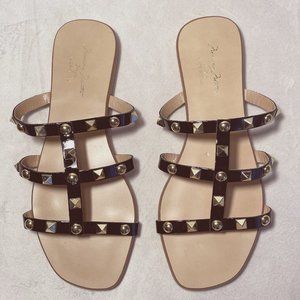 NWOT! Mossimo Matteo Flat Slide Sandals, Shiny Black w/ Gold Tone Studs, Sz. 6